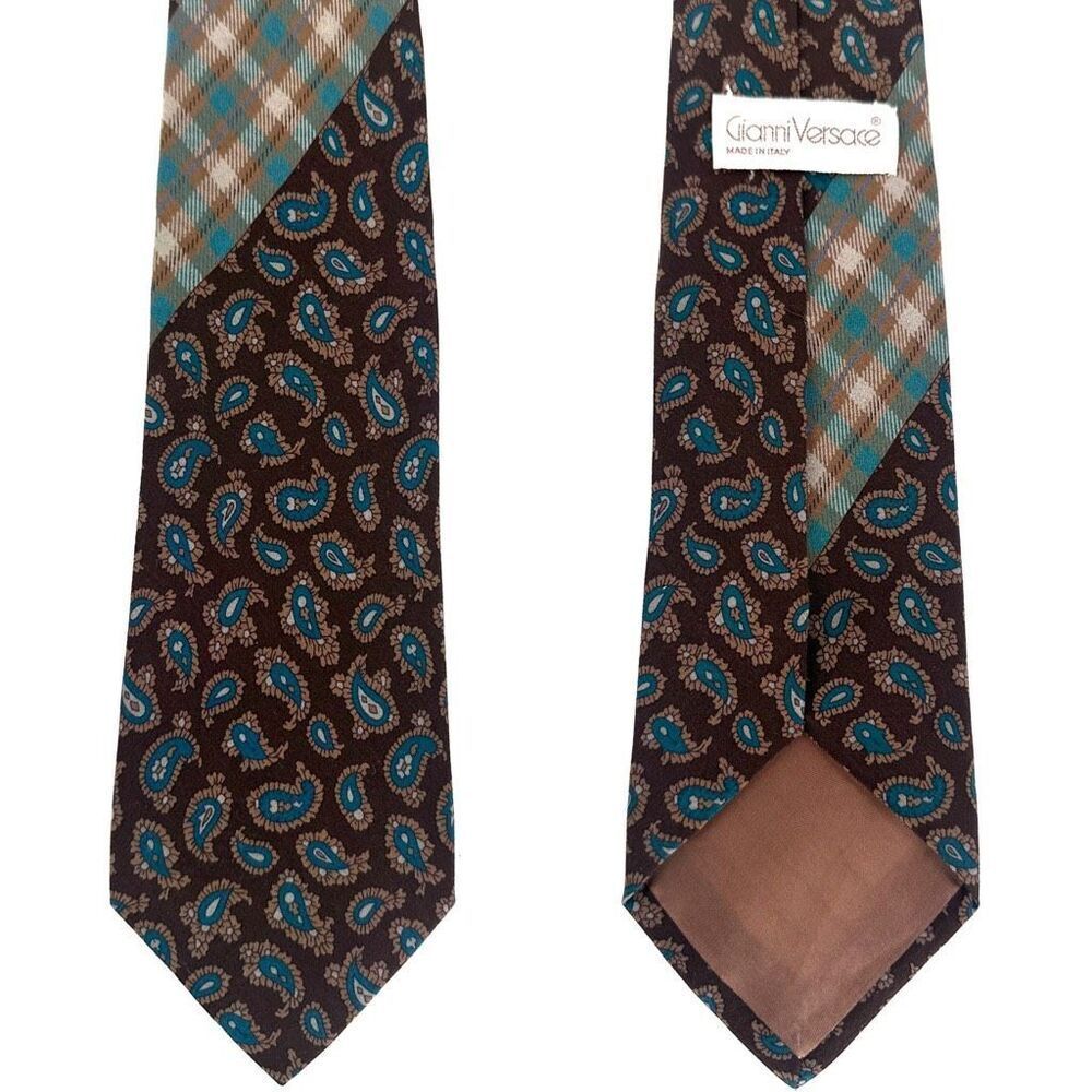 Vintage Gianni Versace Brown Paisley Plaid Silk Mixed Pattern Men’s tie blue